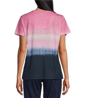 Allison Daley Petite Size Embellished Ombre Print Short Sleeve Keyhole Neck Knit Top