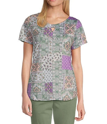 Allison Daley Petite Size Embellished Paisley Patch Print Short Sleeve Keyhole Neck Knit Top