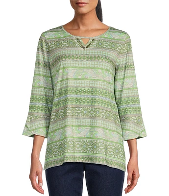 Allison Daley Petite Size Embellished Paisley Stripe 3/4 Flare Sleeve Keyhole Neck Knit top