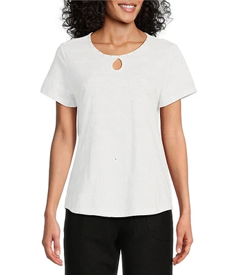 Allison Daley Petite Size Embellished Short Sleeve Keyhole Neck Knit Top