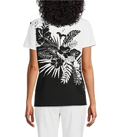 Allison Daley Petite Size Embellished Tropical Palm Print Short Sleeve Crew Neck Knit Top