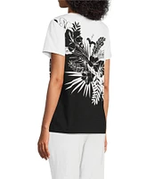 Allison Daley Petite Size Embellished Tropical Palm Print Short Sleeve Crew Neck Knit Top