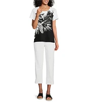 Allison Daley Petite Size Embellished Tropical Palm Print Short Sleeve Crew Neck Knit Top