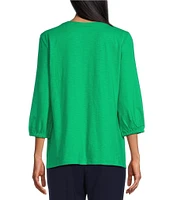 Allison Daley Petite Size Embroidered 3/4 Cuff Sleeve Split V-Neck Top