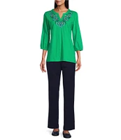 Allison Daley Petite Size Embroidered 3/4 Cuff Sleeve Split V-Neck Top