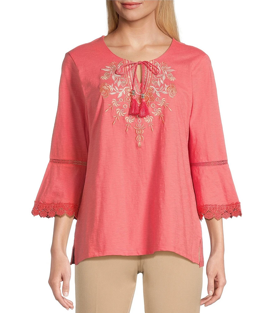 Allison Daley Petite Size Embroidered 3/4 Flare Sleeve Split V-Neck Sweater