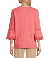 Allison Daley Petite Size Embroidered 3/4 Flare Sleeve Split V-Neck Sweater
