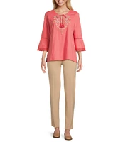 Allison Daley Petite Size Embroidered 3/4 Flare Sleeve Split V-Neck Sweater