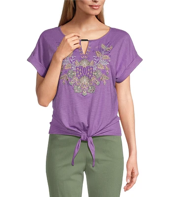 Allison Daley Petite Size Embroidered Cap Sleeve Keyhole Neck Tie Front Knit Top