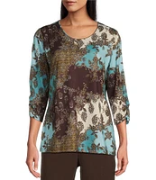 Allison Daley Petite Size Espresso Deco Patchwork Print 3/4 Ruched Sleeve Embellished Crew Neck Knit Top