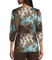 Allison Daley Petite Size Espresso Deco Patchwork Print 3/4 Ruched Sleeve Embellished Crew Neck Knit Top