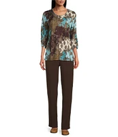 Allison Daley Petite Size Espresso Deco Patchwork Print 3/4 Ruched Sleeve Embellished Crew Neck Knit Top