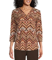 Allison Daley Petite Size Espresso Multi Chevron Print Pleated 3/4 Sleeve V Neck Knit Top