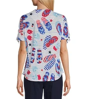 Allison Daley Petite Size Flip Flops Stars And Stripe Print Short Ruched Tie Sleeve Crew Neck Knit Top