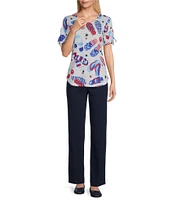 Allison Daley Petite Size Flip Flops Stars And Stripe Print Short Ruched Tie Sleeve Crew Neck Knit Top