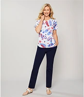 Allison Daley Petite Size Flip Flops Stars And Stripe Print Short Ruched Tie Sleeve Crew Neck Knit Top
