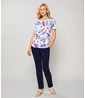 Allison Daley Petite Size Flip Flops Stars And Stripe Print Short Ruched Tie Sleeve Crew Neck Knit Top