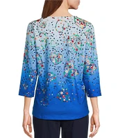 Allison Daley Petite Size Floral Hearts Print 3/4 Sleeve Crew Neck Knit Top