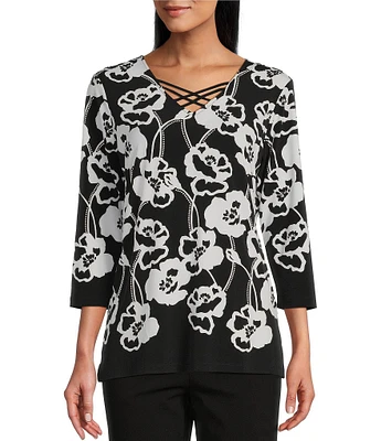 Allison Daley Petite Size Floral Print 3/4 Sleeve Criss Cross V-Neck Knit Top