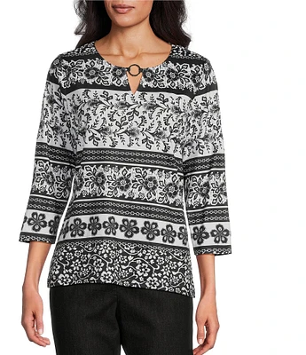 Allison Daley Petite Size Floral Stripe 3/4 Sleeve Keyhole Neck Knit Top