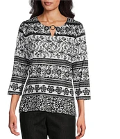 Allison Daley Petite Size Floral Stripe 3/4 Sleeve Keyhole Neck Knit Top