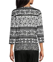 Allison Daley Petite Size Floral Stripe 3/4 Sleeve Keyhole Neck Knit Top