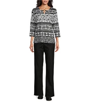 Allison Daley Petite Size Floral Stripe 3/4 Sleeve Keyhole Neck Knit Top