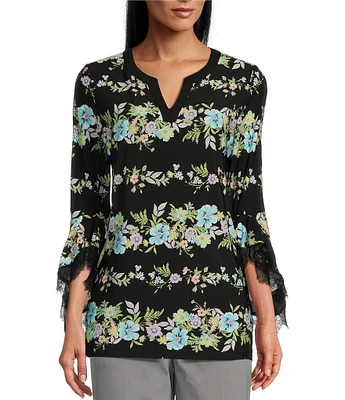 Allison Daley Petite Size Floral Stripe Lace Detail 3/4 Ruffle Sleeve Split V-Neck Knit Top