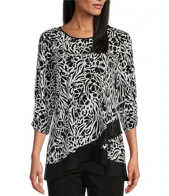 Allison Daley Petite Size Floral Zebra Print 3/4 Sleeve Crew Neck Ruffle Hem Knit Top