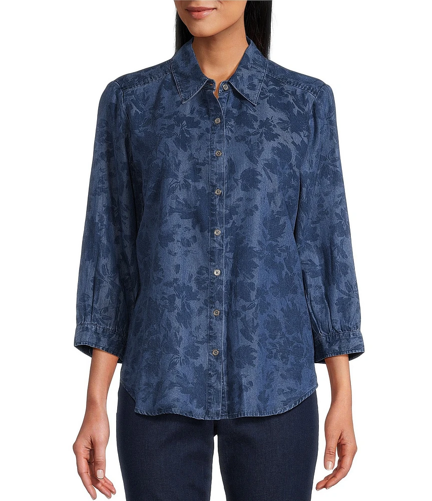Allison Daley Petite Size Fresh Floral Print 3/4 Sleeve Point Collar Button Front Lyocell Blouse