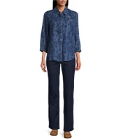 Allison Daley Petite Size Fresh Floral Print 3/4 Sleeve Point Collar Button Front Lyocell Blouse