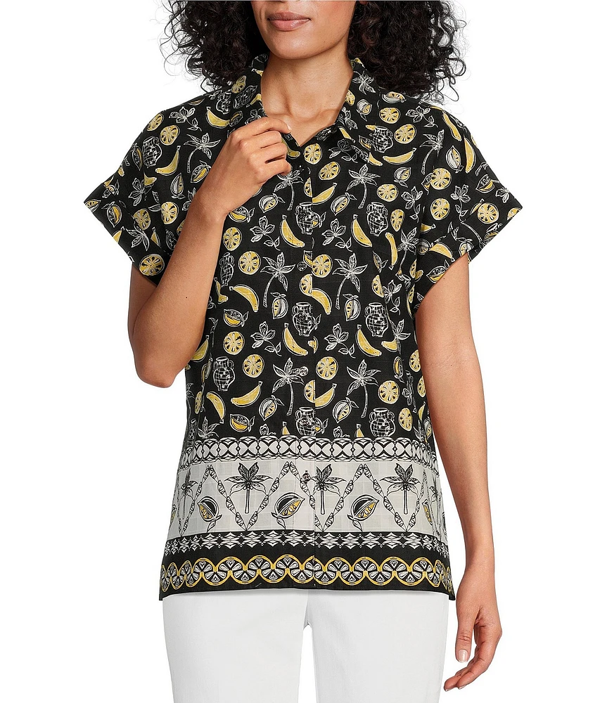 Allison Daley Petite Size Fruit Print Cap Sleeve Point Collar Button Front Shirt