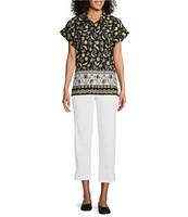 Allison Daley Petite Size Fruit Print Cap Sleeve Point Collar Button Front Shirt