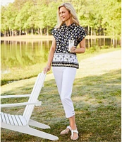 Allison Daley Petite Size Fruit Print Cap Sleeve Point Collar Button Front Shirt