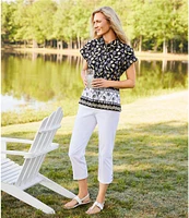 Allison Daley Petite Size Fruit Print Cap Sleeve Point Collar Button Front Shirt