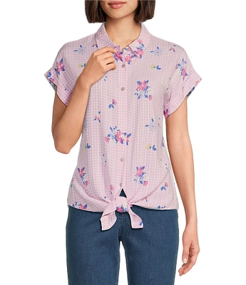 Allison Daley Petite Size Gingham Floral Print Short Sleeve Tie Front Button Blouse