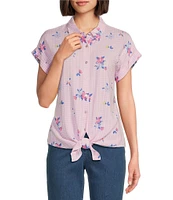 Allison Daley Petite Size Gingham Floral Print Short Sleeve Tie Front Button Blouse