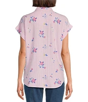 Allison Daley Petite Size Gingham Floral Print Short Sleeve Tie Front Button Blouse