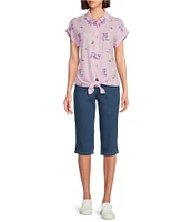 Allison Daley Petite Size Gingham Floral Print Short Sleeve Tie Front Button Blouse