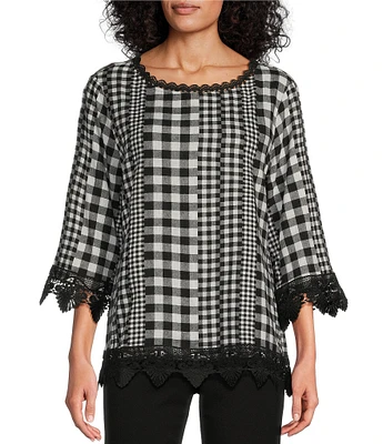 Allison Daley Petite Size Gingham Patches Print 3/4 Sleeve Crew Neck Lace Detail Linen Blend Blouse