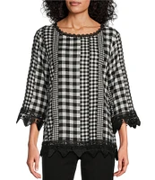 Allison Daley Petite Size Gingham Patches Print 3/4 Sleeve Crew Neck Lace Detail Linen Blend Blouse