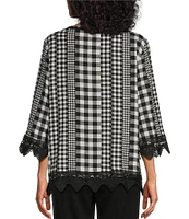 Allison Daley Petite Size Gingham Patches Print 3/4 Sleeve Crew Neck Lace Detail Linen Blend Blouse