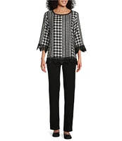 Allison Daley Petite Size Gingham Patches Print 3/4 Sleeve Crew Neck Lace Detail Linen Blend Blouse