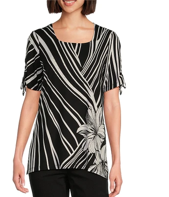 Allison Daley Petite Size Hibiscus Wave Print Short Ruched Tie Sleeve Square Neck Knit Top