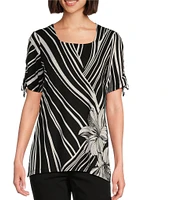 Allison Daley Petite Size Hibiscus Wave Print Short Ruched Tie Sleeve Square Neck Knit Top