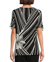Allison Daley Petite Size Hibiscus Wave Print Short Ruched Tie Sleeve Square Neck Knit Top