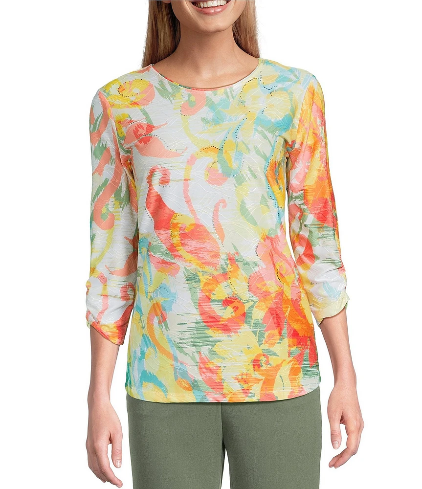 Allison Daley Petite Size Ikat Floral Print 3/4 Ruched Sleeve Crew Neck Linear Jacquard Knit Top