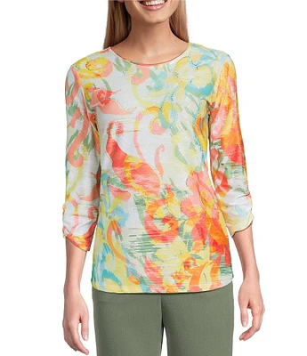 Allison Daley Petite Size Ikat Floral Print 3/4 Ruched Sleeve Crew Neck Linear Jacquard Knit Top
