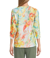 Allison Daley Petite Size Ikat Floral Print 3/4 Ruched Sleeve Crew Neck Linear Jacquard Knit Top