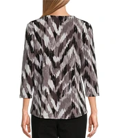 Allison Daley Petite Size Ikat Herringbone Print Pleated 3/4 Sleeve V-Neck Knit Top